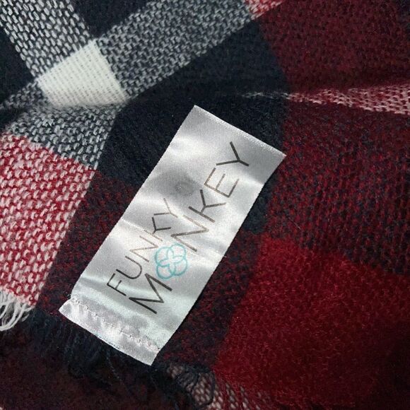 funky monkey red plaid beautiful winter wrap! Soft! Nwot - Picture 6 of 6